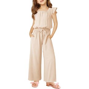 Haloumoning Girls Jumpsuits Kids Fashion Ruffle Sleeves Square Neck Rompers Drawstring Overalls with Pockets in Kuwait