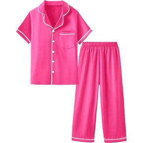 Mikrdoo Silk Pajamas for Girls 2 قطعة: قمم قصيرة من الأكمام والسراويل Satin PJS ملابس النوم للأطفال من 3 إلى 14 سنة in Kuwait