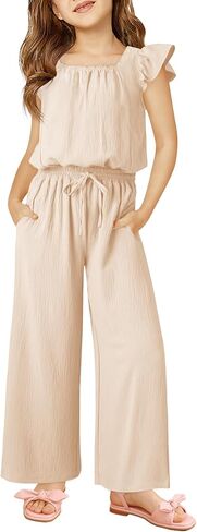 Haloumoning Girls Jumpsuits Kids Fashion Ruffle Sleeves Square Neck Rompers Drawstring Overalls with Pockets in Saudi Arabia