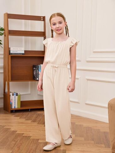 Haloumoning Girls Jumpsuits Kids Fashion Ruffle Sleeves Square Neck Rompers Drawstring Overalls with Pockets in Saudi Arabia