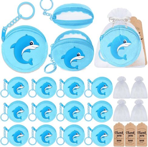 36 Pack Dolphin Change Sets مجموعة 12 محافظ الدلفين مع المفاتيح ، 12 شكرا لك العلامات و 12 أكياس أورجانزا لحيوانات البحر في المحيط الدلافين تحت إمدادات حفل البحر ، الأزرق in Saudi Arabia