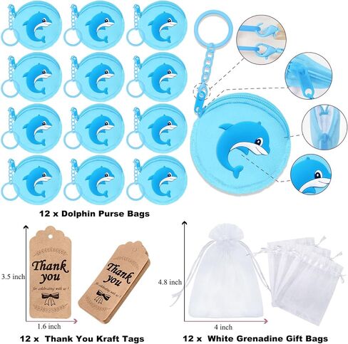 36 Pack Dolphin Change Sets مجموعة 12 محافظ الدلفين مع المفاتيح ، 12 شكرا لك العلامات و 12 أكياس أورجانزا لحيوانات البحر في المحيط الدلافين تحت إمدادات حفل البحر ، الأزرق in Saudi Arabia
