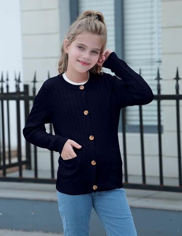 Girls Cardigan Long Sleeve Button Front Sweater Toddler Kids Knit School Uniforms Sweaters with Pockets 3-12 Years in Kuwait