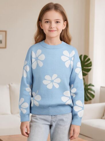 Girls' Knit Pattern Pullover Sweaters Crewneck Long Sleeve Fall Casual Tops, Size 5-14 Years in Kuwait