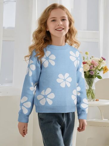 Girls' Knit Pattern Pullover Sweaters Crewneck Long Sleeve Fall Casual Tops, Size 5-14 Years in Kuwait