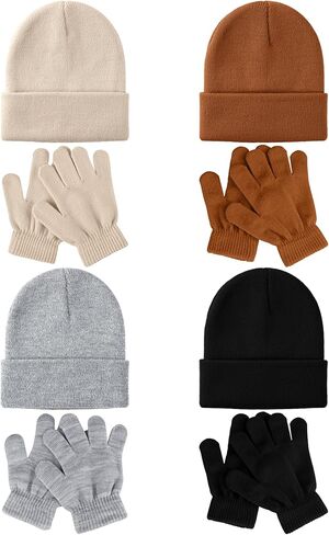 Glooarm 8 Pack Kids Beanie Hats and Gloves Set Kid's Knitted Beanies Hat Winter Gloves for Boys Girls in Kuwait