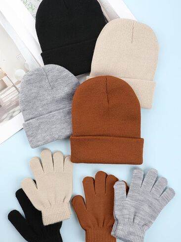 Glooarm 8 Pack Kids Beanie Hats and Gloves Set Kid's Knitted Beanies Hat Winter Gloves for Boys Girls in Kuwait