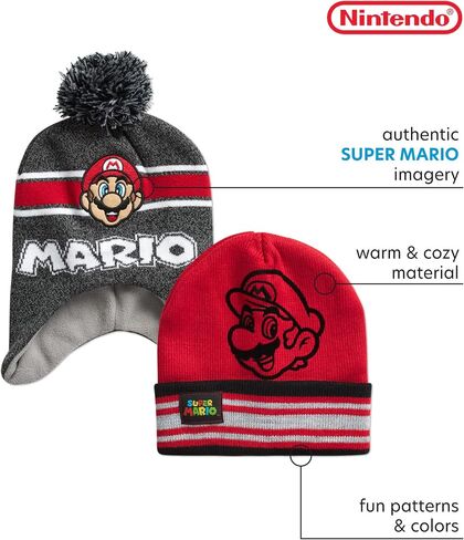 Nintendo Boys 'Super Mario Bros. Winter Hat-2 Pack Super Mario Pom Beanie (4-7) ، حجم العمر 4-7 ، in Saudi Arabia