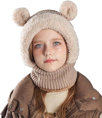 SEAUR Kid Winter Hat Scarf Set Boys Girls Knit Hood Hats Warm Fleece Lining Scarf Skull Cap Balaclava Beanie for 4-10 Years in Saudi Arabia