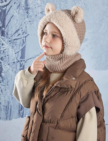 SEAUR Kid Winter Hat Scarf Set Boys Girls Knit Hood Hats Warm Fleece Lining Scarf Skull Cap Balaclava Beanie for 4-10 Years in Saudi Arabia
