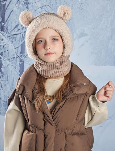 SEAUR Kid Winter Hat Scarf Set Boys Girls Knit Hood Hats Warm Fleece Lining Scarf Skull Cap Balaclava Beanie for 4-10 Years in Saudi Arabia