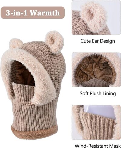 SEAUR Kid Winter Hat Scarf Set Boys Girls Knit Hood Hats Warm Fleece Lining Scarf Skull Cap Balaclava Beanie for 4-10 Years in Saudi Arabia