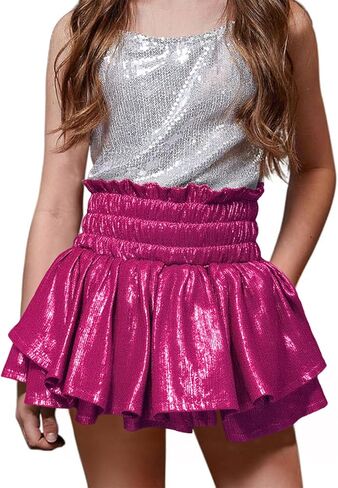Haloumoning Girls Metallic Skorts Kids High Waisted Ruffle Skirts Sparkly Shiny Party Skirts 5-14 Years in Saudi Arabia