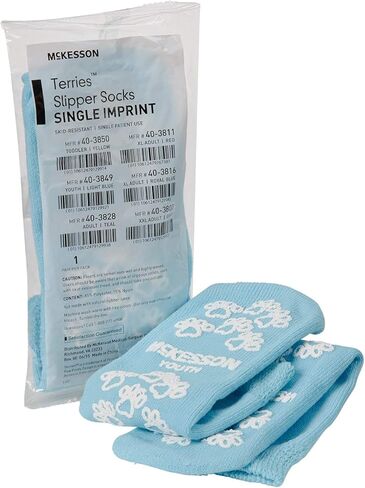 McKesson Terries Slipper Socks [48 Pairs], Non Slip Grip Hospital Socks, Youth Size, Unisex Grippy Slipper, Light Blue, Single Tread, Soft and Breathable Terry Cloth Inner in Saudi Arabia