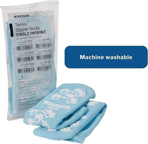 McKesson Terries Slipper Socks [48 Pairs], Non Slip Grip Hospital Socks, Youth Size, Unisex Grippy Slipper, Light Blue, Single Tread, Soft and Breathable Terry Cloth Inner in Saudi Arabia
