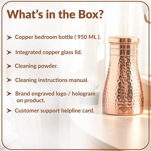 Indian Art Villa Pure Copper Bedroom Water Bottle With Inbuilt Glass & Hammered Shine Design, Drinkware, Storage Purpose, Volume-37 Oz in Saudi Arabia
