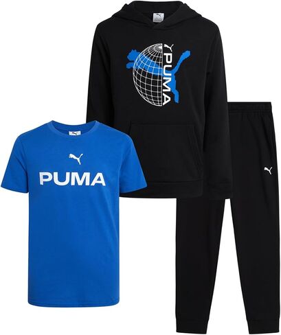 طقم الركض للأولاد من بوما - بلوفر بغطاء للرأس من الصوف الناعم مكون من 3 قطع، تي شيرت بأكمام قصيرة وبنطال الركض للأولاد (4-16) in Kuwait