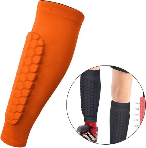 Leg Sleeves and Shin Guards for Soccer with Calf Support for Athletes - Compression Sleeves with Honeycomb Protection- orange XL in Saudi Arabia
