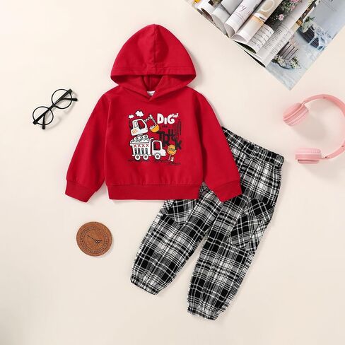 Happy Town Toddler Boy Clothes Fall Sweatsuit Winter Outfits Long Sleeve Hoodies Sweatshirt and Plaid Cargo Sweatpants in Saudi Arabia