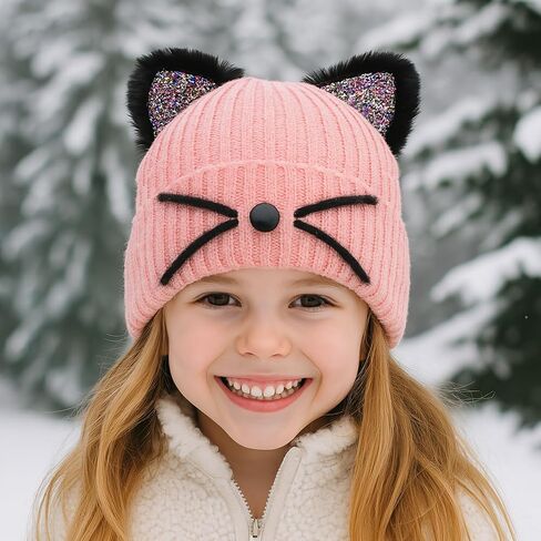 Little Girls Sequin Cat Ears Hats Cute Warm Knit Beanie Hat for Kids Winter Outdoor Snow Ski Skull Cap 3-8 Years in Saudi Arabia