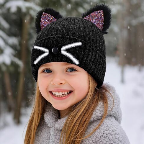 Little Girls Sequin Cat Ears Hats Cute Warm Knit Beanie Hat for Kids Winter Outdoor Snow Ski Skull Cap 3-8 Years in Saudi Arabia