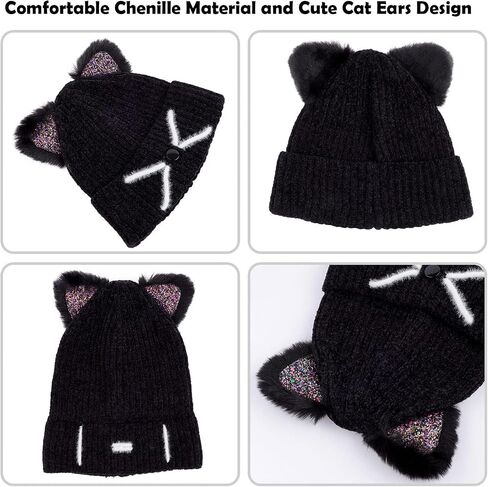 Little Girls Sequin Cat Ears Hats Cute Warm Knit Beanie Hat for Kids Winter Outdoor Snow Ski Skull Cap 3-8 Years in Saudi Arabia