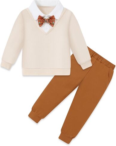 Yallet Toddler Boy Cloths Faux Poux Polo Sweatshirt Fall Winter Pullover Top+Bowtie+Pants مجموعة للأطفال 2-7 سنوات in Saudi Arabia