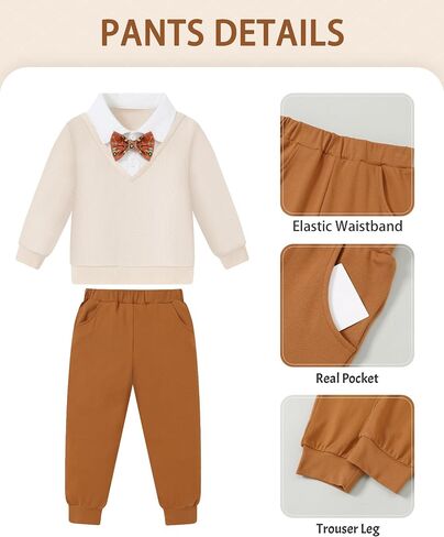 Yallet Toddler Boy Cloths Faux Poux Polo Sweatshirt Fall Winter Pullover Top+Bowtie+Pants مجموعة للأطفال 2-7 سنوات in Saudi Arabia