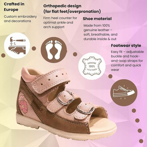 Kids Girls’ Genuine Leather Orthopedic Corrective Sandals – Arch Support Shoes, Ankle Support, for Flat Feet & Overpronation with Adjustable Hook & Loop Straps, Pink Metallic Floral in Saudi Arabia