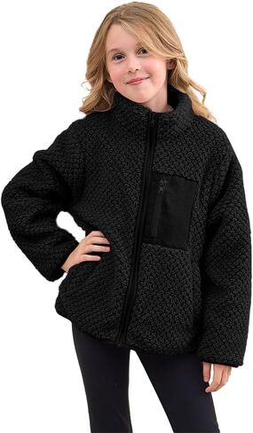 فتيات الصوف جاكيتات الأطفال شيربا سترة الشتاء لينة الضوء الخارجي السقوط الكامل zip up sweatshirt مع جيوب 5-14 سنة in Saudi Arabia