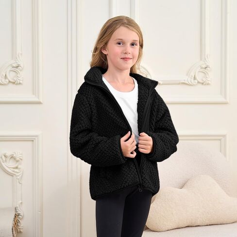 فتيات الصوف جاكيتات الأطفال شيربا سترة الشتاء لينة الضوء الخارجي السقوط الكامل zip up sweatshirt مع جيوب 5-14 سنة in Saudi Arabia