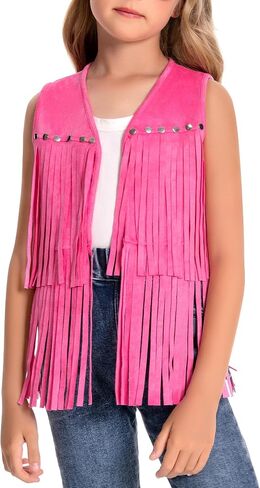 Happy Cherry Cowgirl Outfits for Girls Suede Fringe Vest Kids Western Country Concert Shirt Hippie Sleeveless Jacket 5-12Y in Saudi Arabia