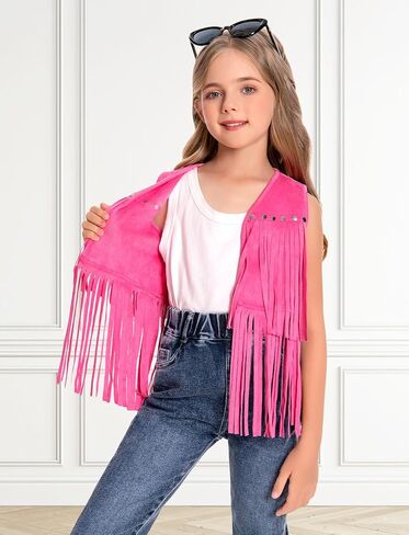 Happy Cherry Cowgirl Outfits for Girls Suede Fringe Vest Kids Western Country Concert Shirt Hippie Sleeveless Jacket 5-12Y in Saudi Arabia