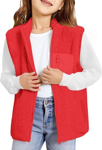 Haloumoning Girls Sherpa Fleece Vest Kids Fall Winter Full zip fuzzy uleterwear مع جيوب 5-14y in Saudi Arabia