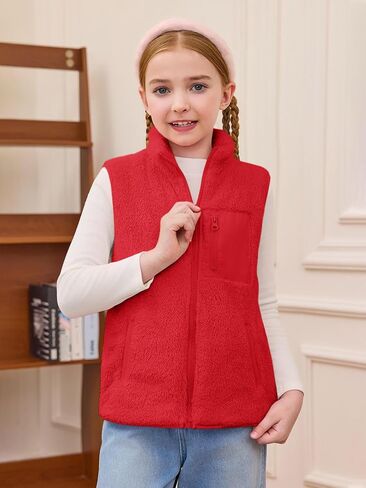 Haloumoning Girls Sherpa Fleece Vest Kids Fall Winter Full zip fuzzy uleterwear مع جيوب 5-14y in Saudi Arabia