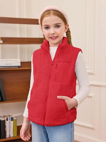 Haloumoning Girls Sherpa Fleece Vest Kids Fall Winter Full zip fuzzy uleterwear مع جيوب 5-14y in Saudi Arabia