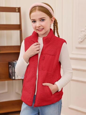 Haloumoning Girls Sherpa Fleece Vest Kids Fall Winter Full zip fuzzy uleterwear مع جيوب 5-14y in Saudi Arabia