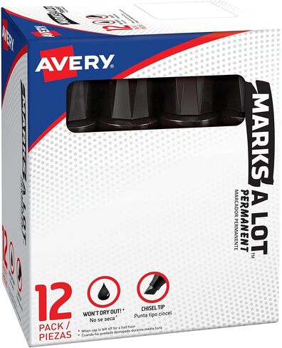 قلم تحديد برأس مشطوف كبير الحجم من Avery Marks A Lot، مقاس على شكل مكتب، مقاوم للماء والتآكل، 12 قلم تحديد أسود (24148) in Saudi Arabia