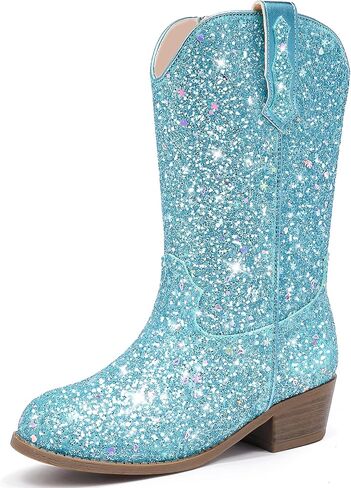 Glitter Girls Cowgirl Boots Sparkly Cowboy Dress Bress for Toddler to Big Kid Mid Calf مدببة في إصبع القدم. in Kuwait
