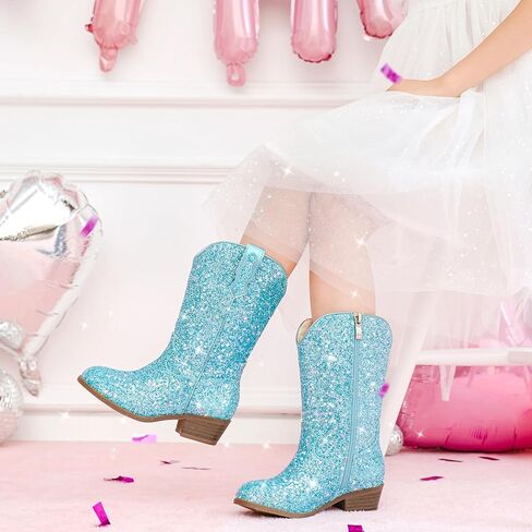 Glitter Girls Cowgirl Boots Sparkly Cowboy Dress Bress for Toddler to Big Kid Mid Calf مدببة في إصبع القدم. in Kuwait