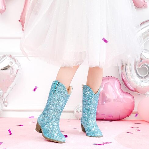 Glitter Girls Cowgirl Boots Sparkly Cowboy Dress Bress for Toddler to Big Kid Mid Calf مدببة في إصبع القدم. in Kuwait