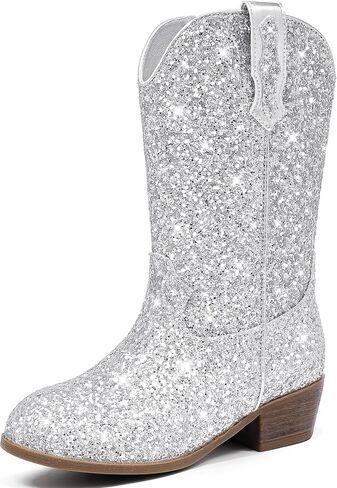 Glitter Girls Cowgirl Boots Sparkly Cowboy Dress Bress for Toddler to Big Kid Mid Calf مدببة في إصبع القدم. in Kuwait