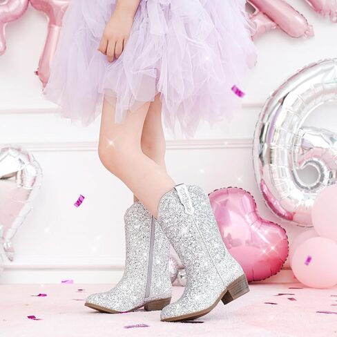 Glitter Girls Cowgirl Boots Sparkly Cowboy Dress Bress for Toddler to Big Kid Mid Calf مدببة في إصبع القدم. in Kuwait