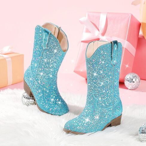 Glitter Girls Cowgirl Boots Sparkly Cowboy Dress Bress for Toddler to Big Kid Mid Calf مدببة في إصبع القدم. in Kuwait