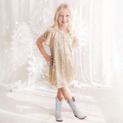 Glitter Girls Cowgirl Boots Sparkly Cowboy Dress Bress for Toddler to Big Kid Mid Calf مدببة في إصبع القدم. in Kuwait