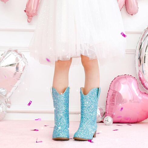 Glitter Girls Cowgirl Boots Sparkly Cowboy Dress Bress for Toddler to Big Kid Mid Calf مدببة في إصبع القدم. in Kuwait