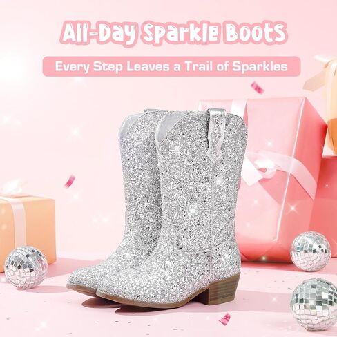 Glitter Girls Cowgirl Boots Sparkly Cowboy Dress Bress for Toddler to Big Kid Mid Calf مدببة في إصبع القدم. in Kuwait