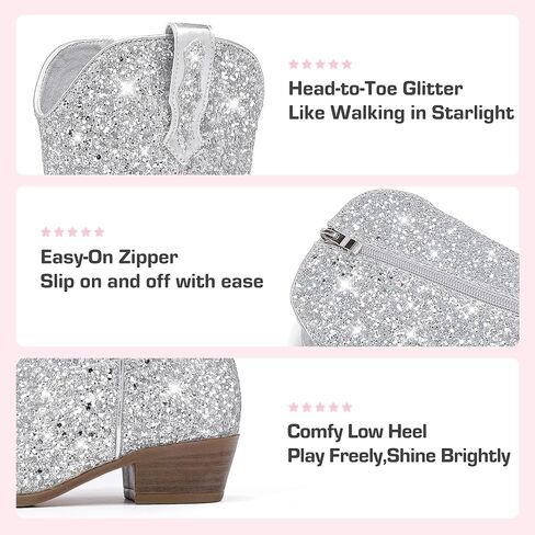 Glitter Girls Cowgirl Boots Sparkly Cowboy Dress Bress for Toddler to Big Kid Mid Calf مدببة في إصبع القدم. in Kuwait
