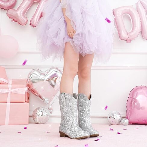 Glitter Girls Cowgirl Boots Sparkly Cowboy Dress Bress for Toddler to Big Kid Mid Calf مدببة في إصبع القدم. in Kuwait
