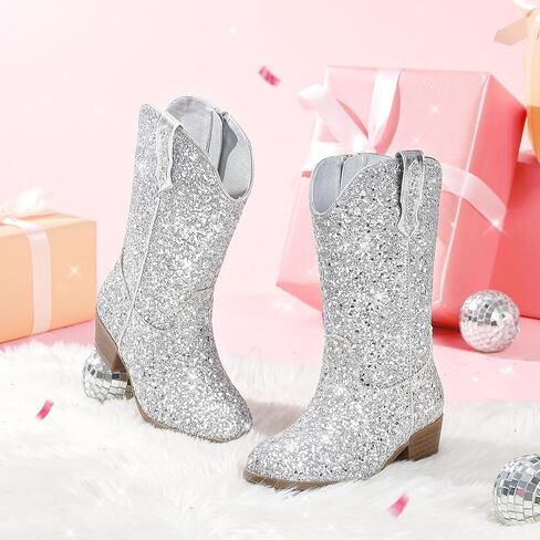 Glitter Girls Cowgirl Boots Sparkly Cowboy Dress Bress for Toddler to Big Kid Mid Calf مدببة في إصبع القدم. in Kuwait
